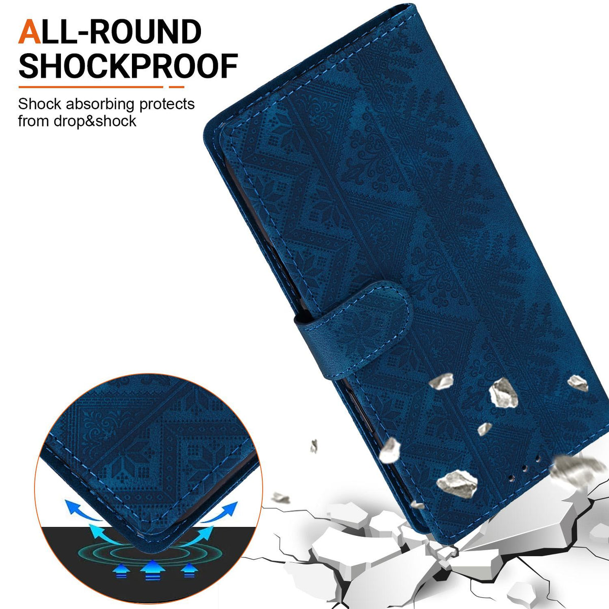 For iPhone 17 Ethnic Pattern Embossed Vegan Leather Phone Case - Dark Blue - EDA009979003E