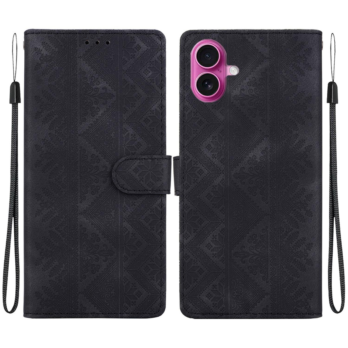 For iPhone 17 Ethnic Pattern Embossed Vegan Leather Phone Case - Black - EDA009979003F
