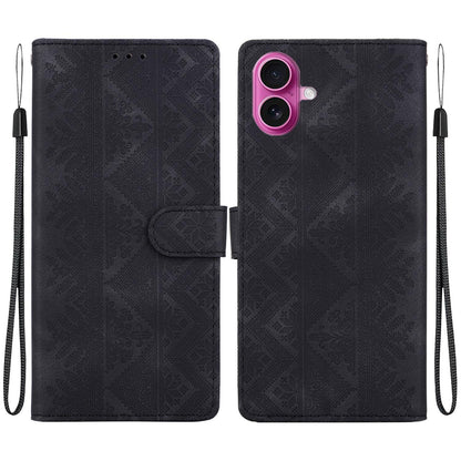 For iPhone 17 Ethnic Pattern Embossed Vegan Leather Phone Case - Black - EDA009979003F