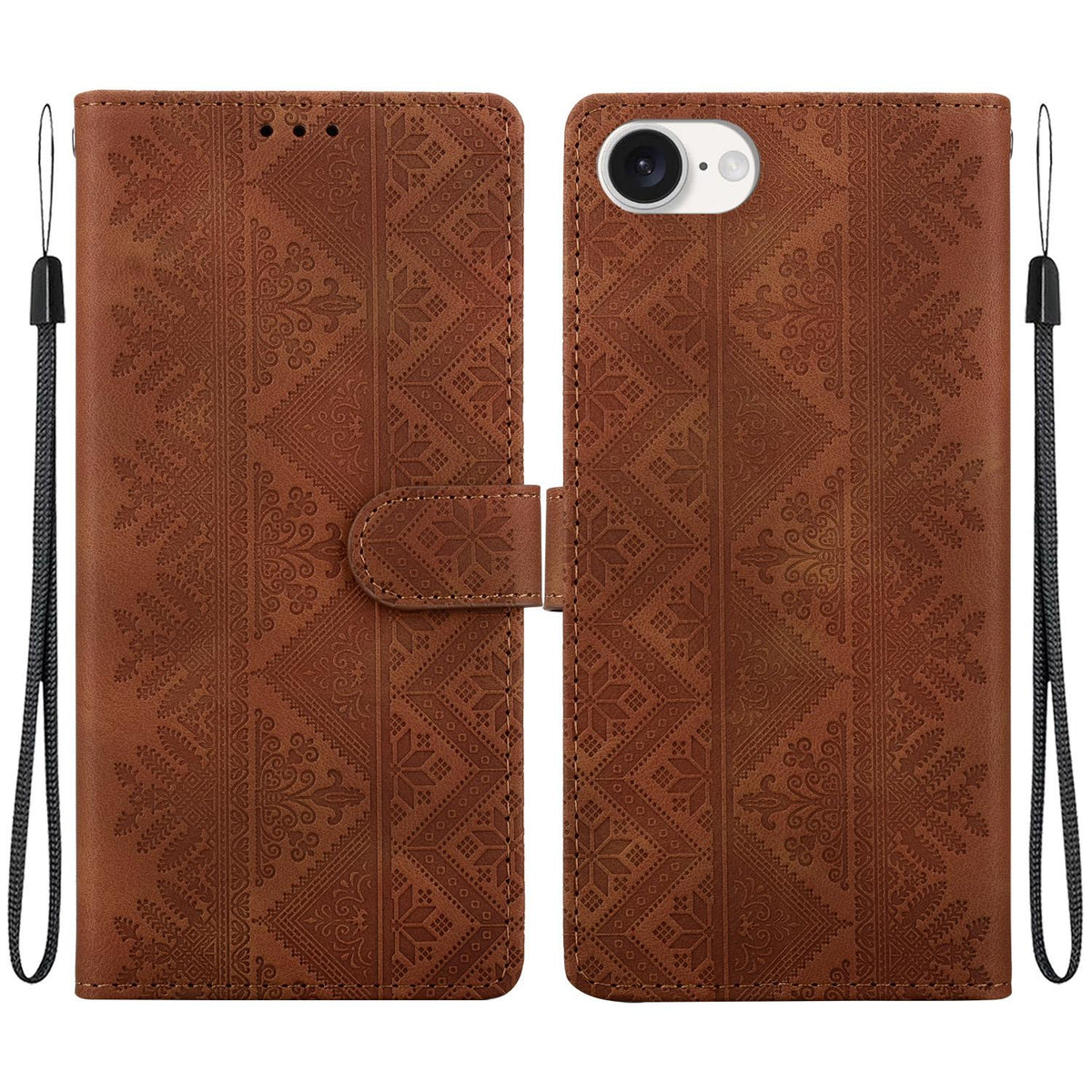 For iPhone 17e / 16e Ethnic Pattern Embossed Vegan Leather Phone Case - Brown - EDA009979005A