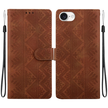 For iPhone 17e / 16e Ethnic Pattern Embossed Vegan Leather Phone Case - Brown - EDA009979005A