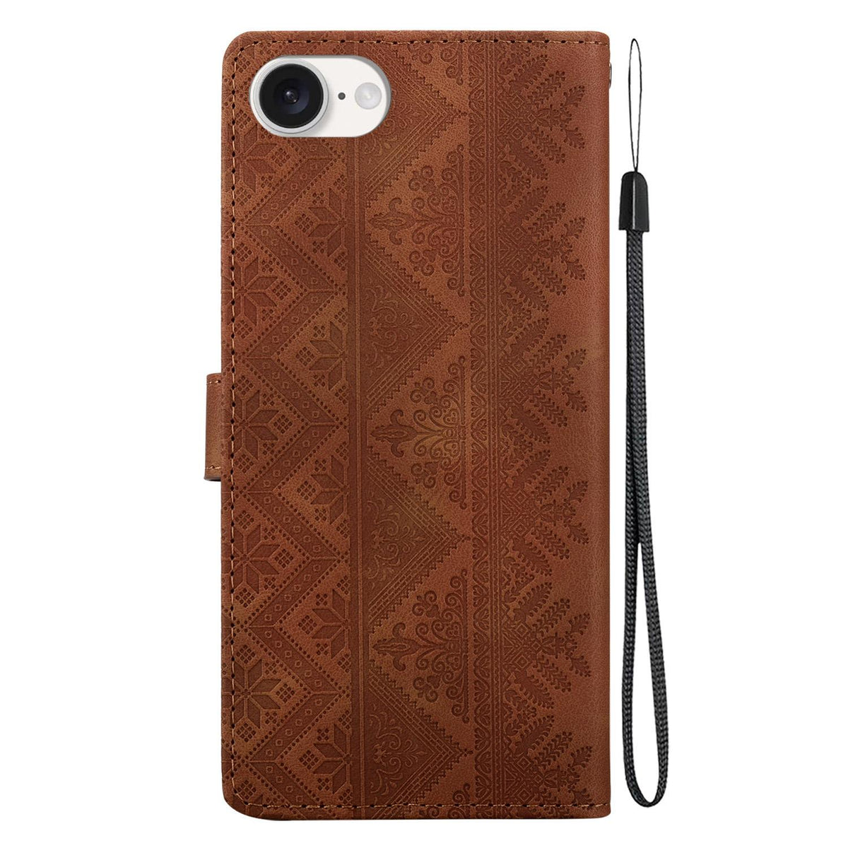For iPhone 17e / 16e Ethnic Pattern Embossed Vegan Leather Phone Case - Brown - EDA009979005A