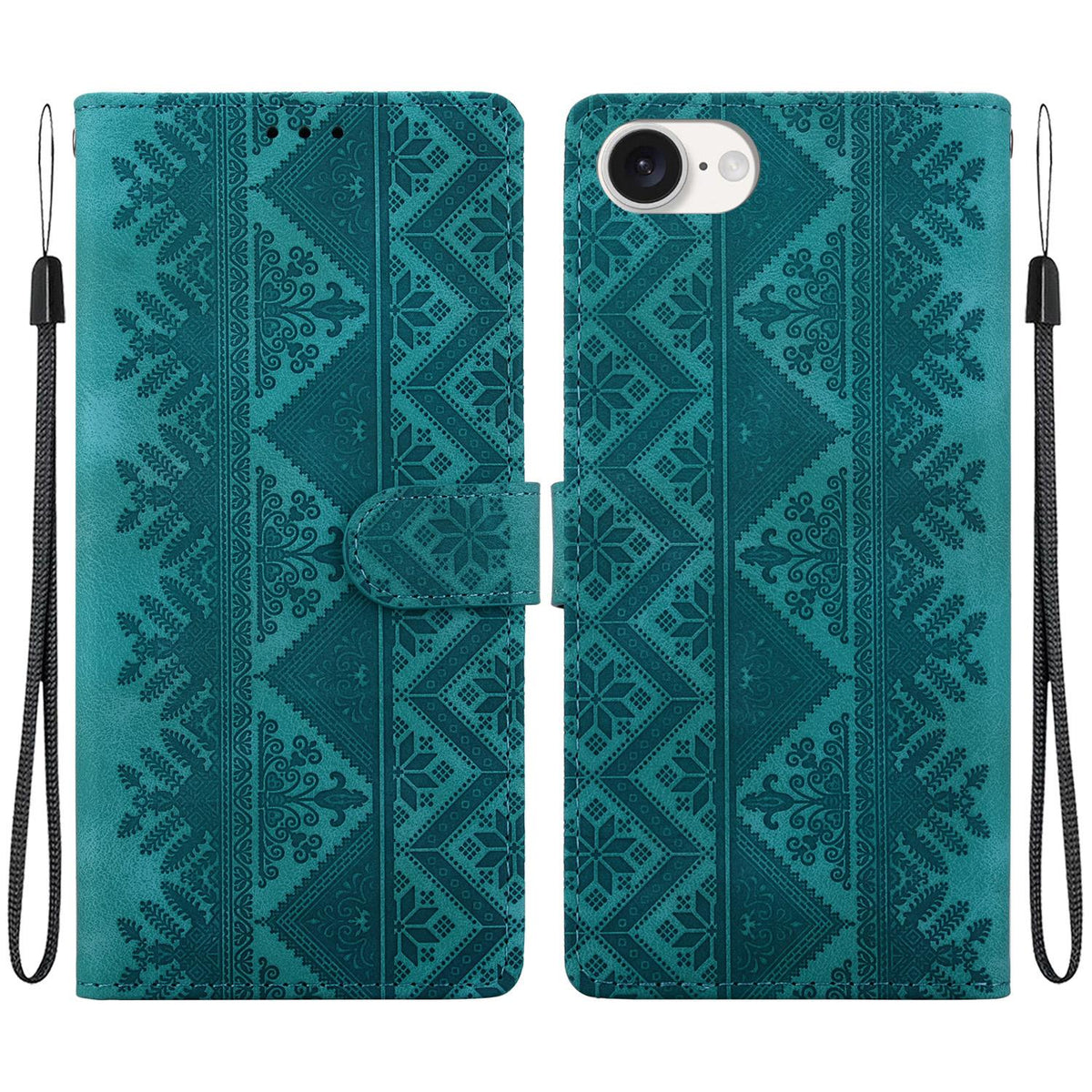 For iPhone 17e / 16e Ethnic Pattern Embossed Vegan Leather Phone Case - Green - EDA009979005B