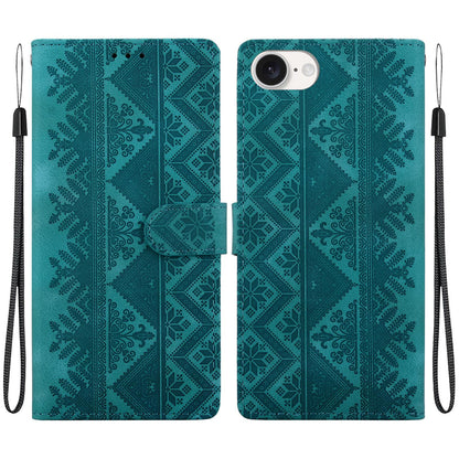 For iPhone 17e / 16e Ethnic Pattern Embossed Vegan Leather Phone Case - Green - EDA009979005B
