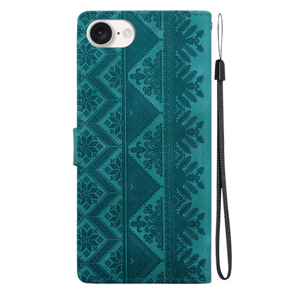 For iPhone 17e / 16e Ethnic Pattern Embossed Vegan Leather Phone Case - Green - EDA009979005B