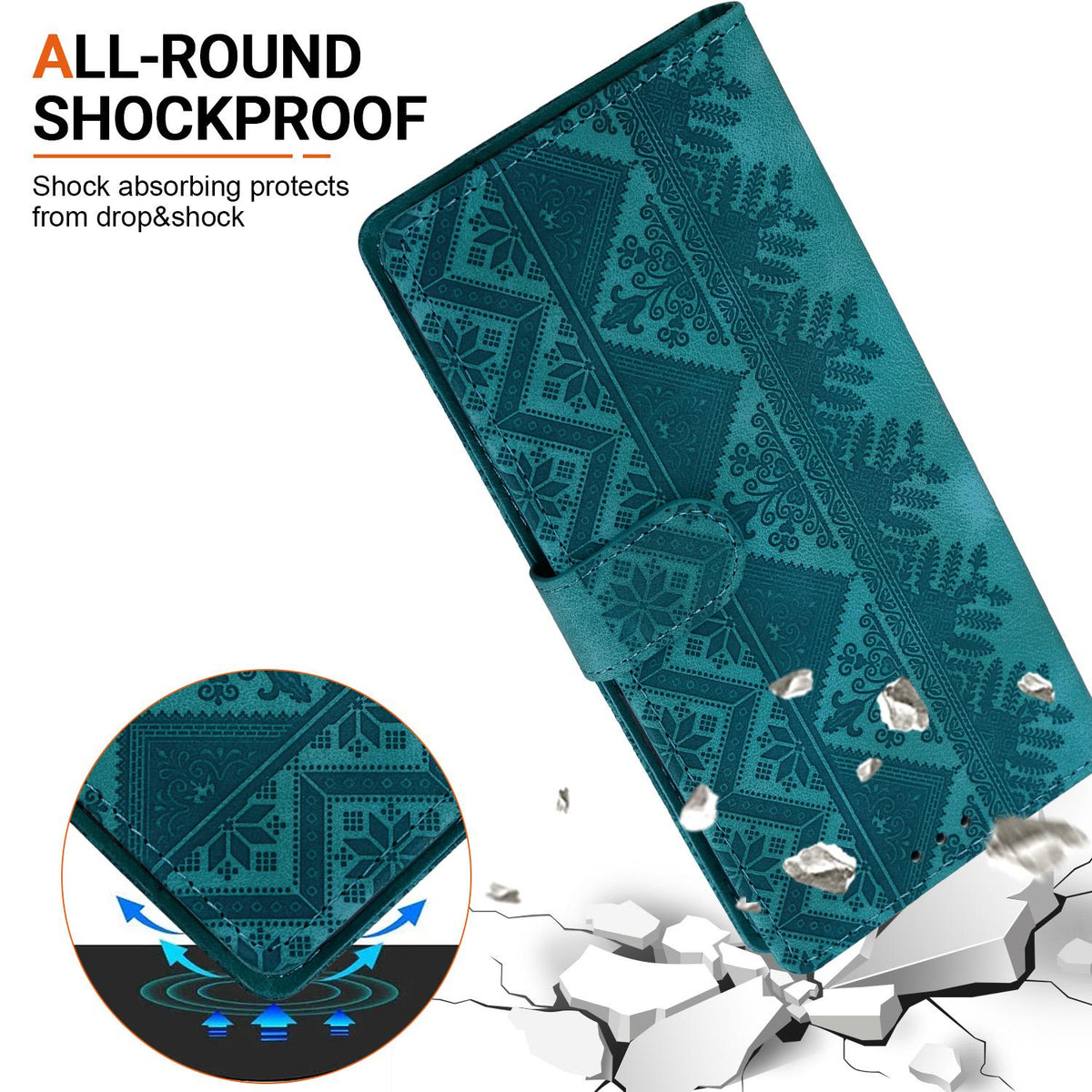 For iPhone 17e / 16e Ethnic Pattern Embossed Vegan Leather Phone Case - Green - EDA009979005B