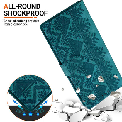 For iPhone 17e / 16e Ethnic Pattern Embossed Vegan Leather Phone Case - Green - EDA009979005B