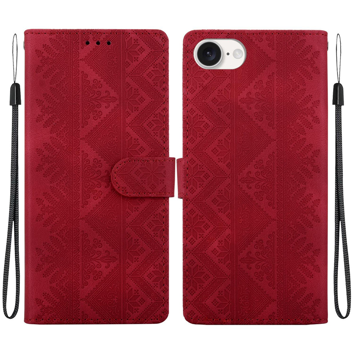 For iPhone 17e / 16e Ethnic Pattern Embossed Vegan Leather Phone Case - Red - EDA009979005C