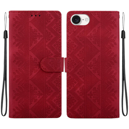 For iPhone 17e / 16e Ethnic Pattern Embossed Vegan Leather Phone Case - Red - EDA009979005C