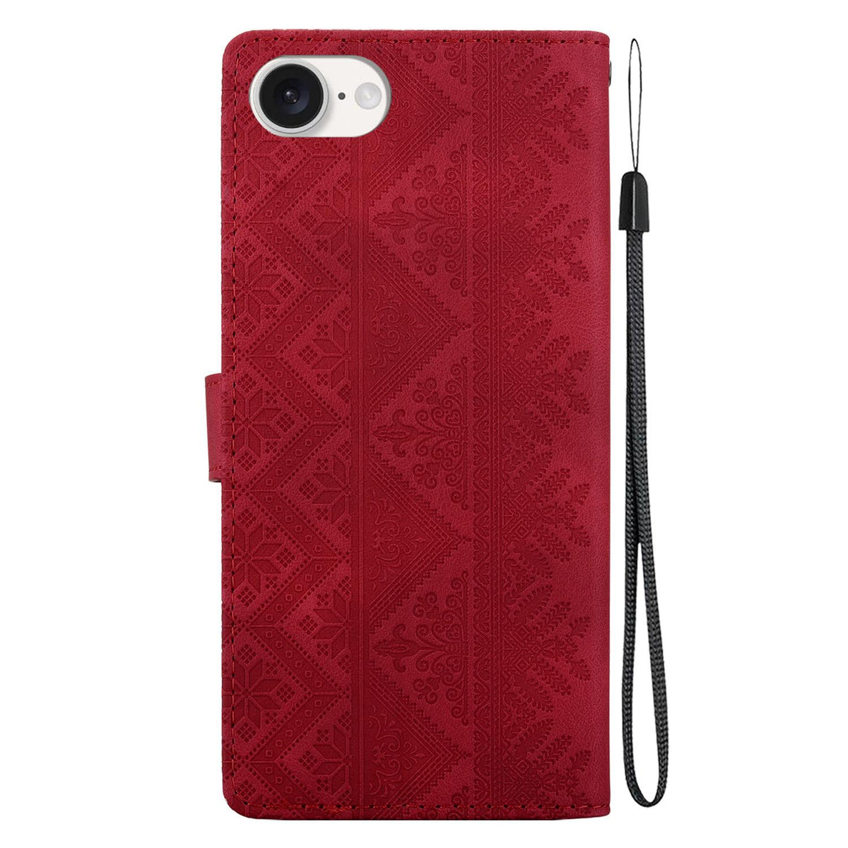 For iPhone 17e / 16e Ethnic Pattern Embossed Vegan Leather Phone Case - Red - EDA009979005C