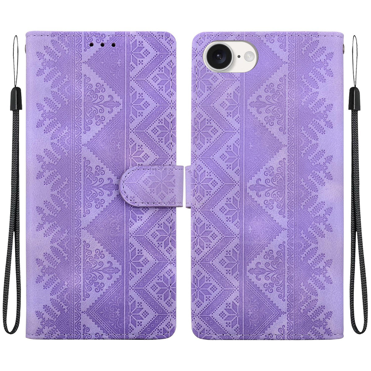 For iPhone 17e / 16e Ethnic Pattern Embossed Vegan Leather Phone Case - Purple - EDA009979005D