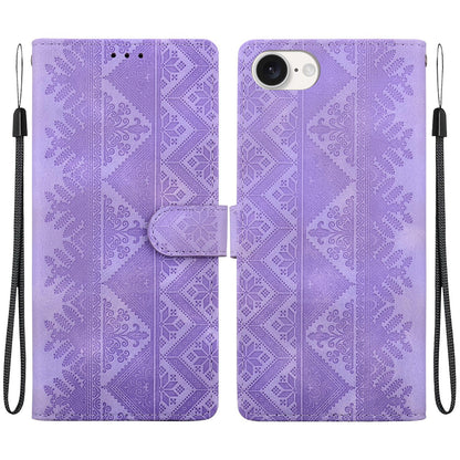 For iPhone 17e / 16e Ethnic Pattern Embossed Vegan Leather Phone Case - Purple - EDA009979005D