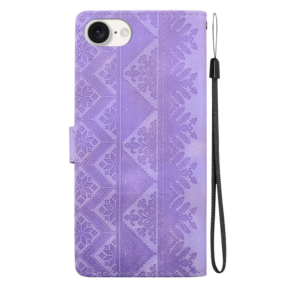 For iPhone 17e / 16e Ethnic Pattern Embossed Vegan Leather Phone Case - Purple - EDA009979005D