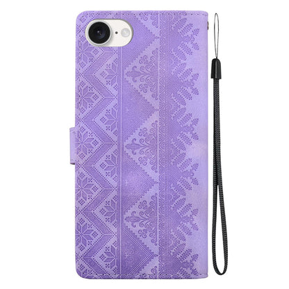For iPhone 17e / 16e Ethnic Pattern Embossed Vegan Leather Phone Case - Purple - EDA009979005D