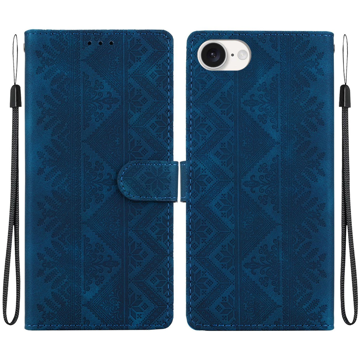 For iPhone 17e / 16e Ethnic Pattern Embossed Vegan Leather Phone Case - Dark Blue - EDA009979005E