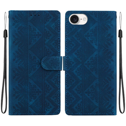 For iPhone 17e / 16e Ethnic Pattern Embossed Vegan Leather Phone Case - Dark Blue - EDA009979005E
