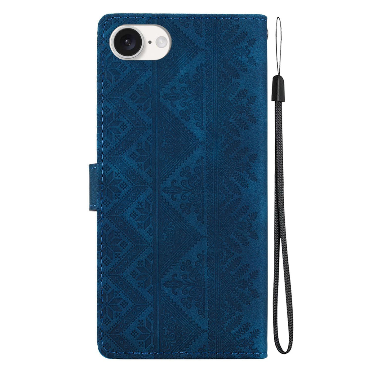 For iPhone 17e / 16e Ethnic Pattern Embossed Vegan Leather Phone Case - Dark Blue - EDA009979005E