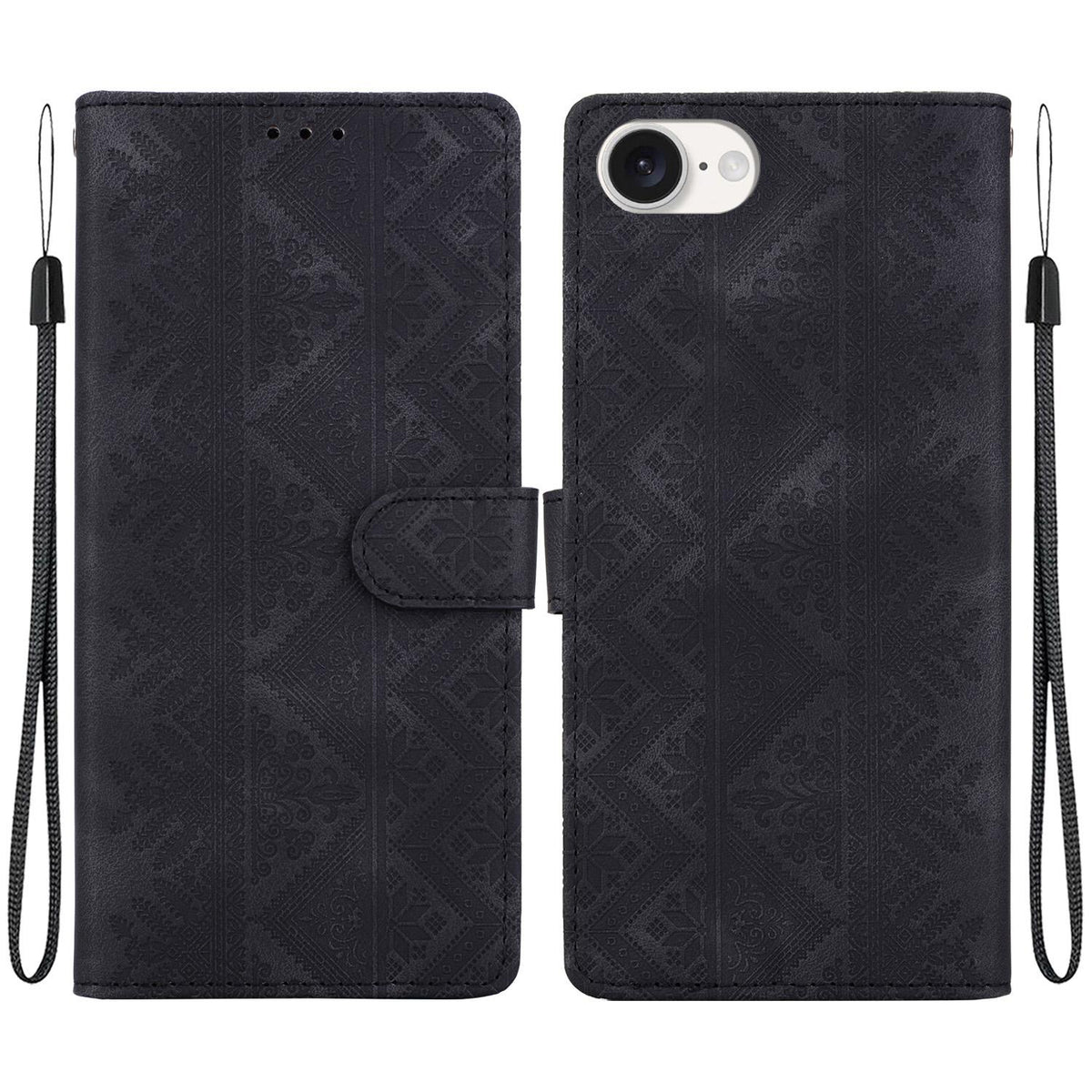 For iPhone 17e / 16e Ethnic Pattern Embossed Vegan Leather Phone Case - Black - EDA009979005F