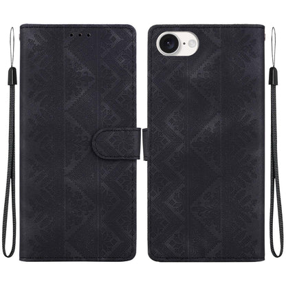 For iPhone 17e / 16e Ethnic Pattern Embossed Vegan Leather Phone Case - Black - EDA009979005F