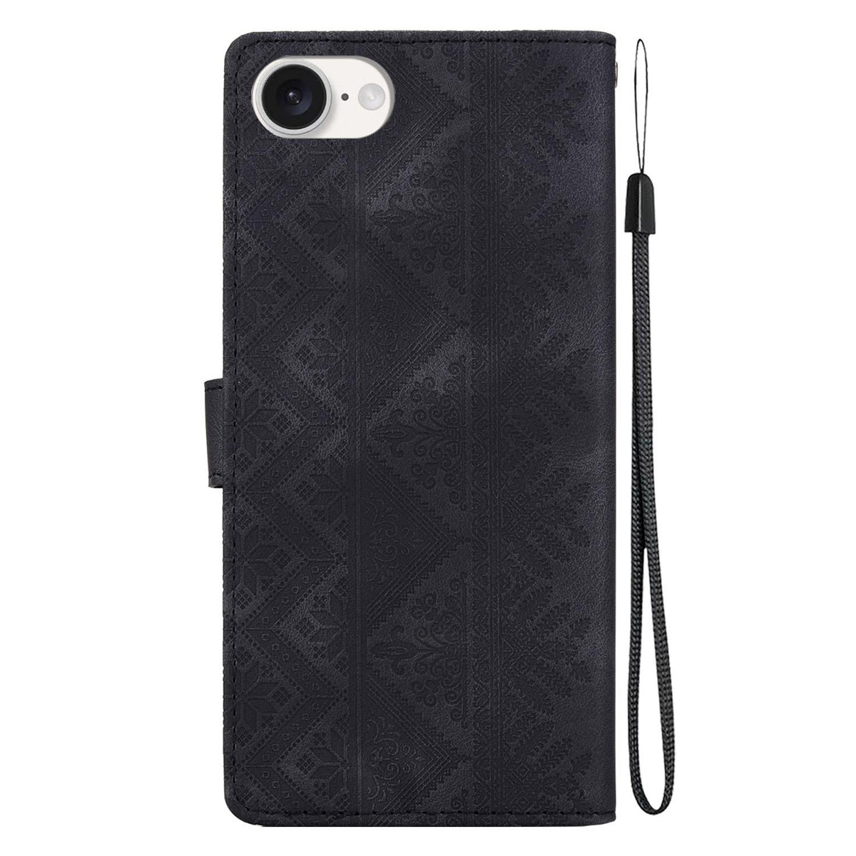 For iPhone 17e / 16e Ethnic Pattern Embossed Vegan Leather Phone Case - Black - EDA009979005F