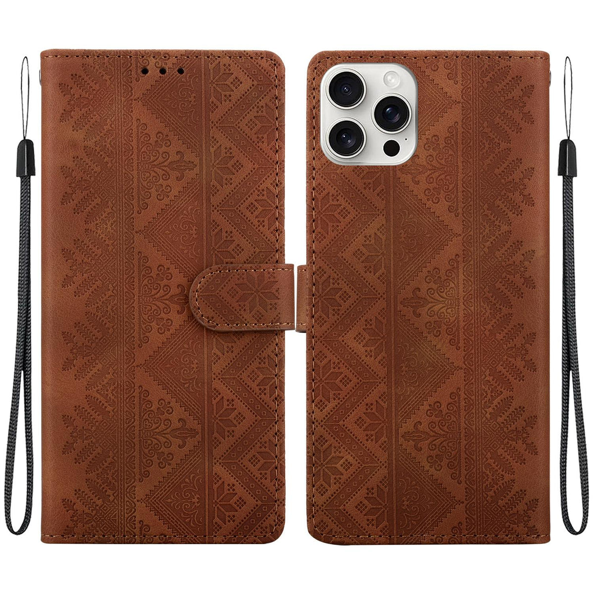 For iPhone 16 Pro Max Ethnic Pattern Embossed Vegan Leather Phone Case - Brown - EDA009979006A
