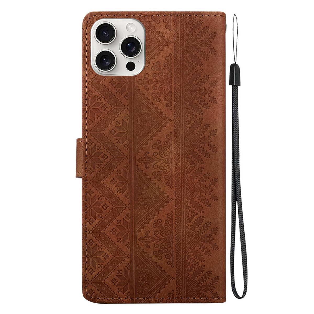 For iPhone 16 Pro Max Ethnic Pattern Embossed Vegan Leather Phone Case - Brown - EDA009979006A
