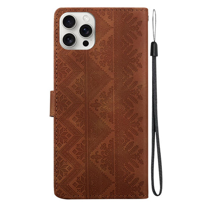 For iPhone 16 Pro Max Ethnic Pattern Embossed Vegan Leather Phone Case - Brown - EDA009979006A
