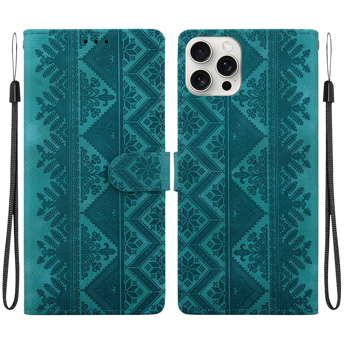 For iPhone 16 Pro Max Ethnic Pattern Embossed Vegan Leather Phone Case - Green - EDA009979006B