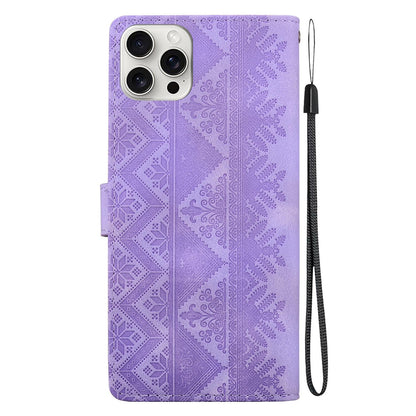 For iPhone 16 Pro Max Ethnic Pattern Embossed Vegan Leather Phone Case - Purple - EDA009979006D