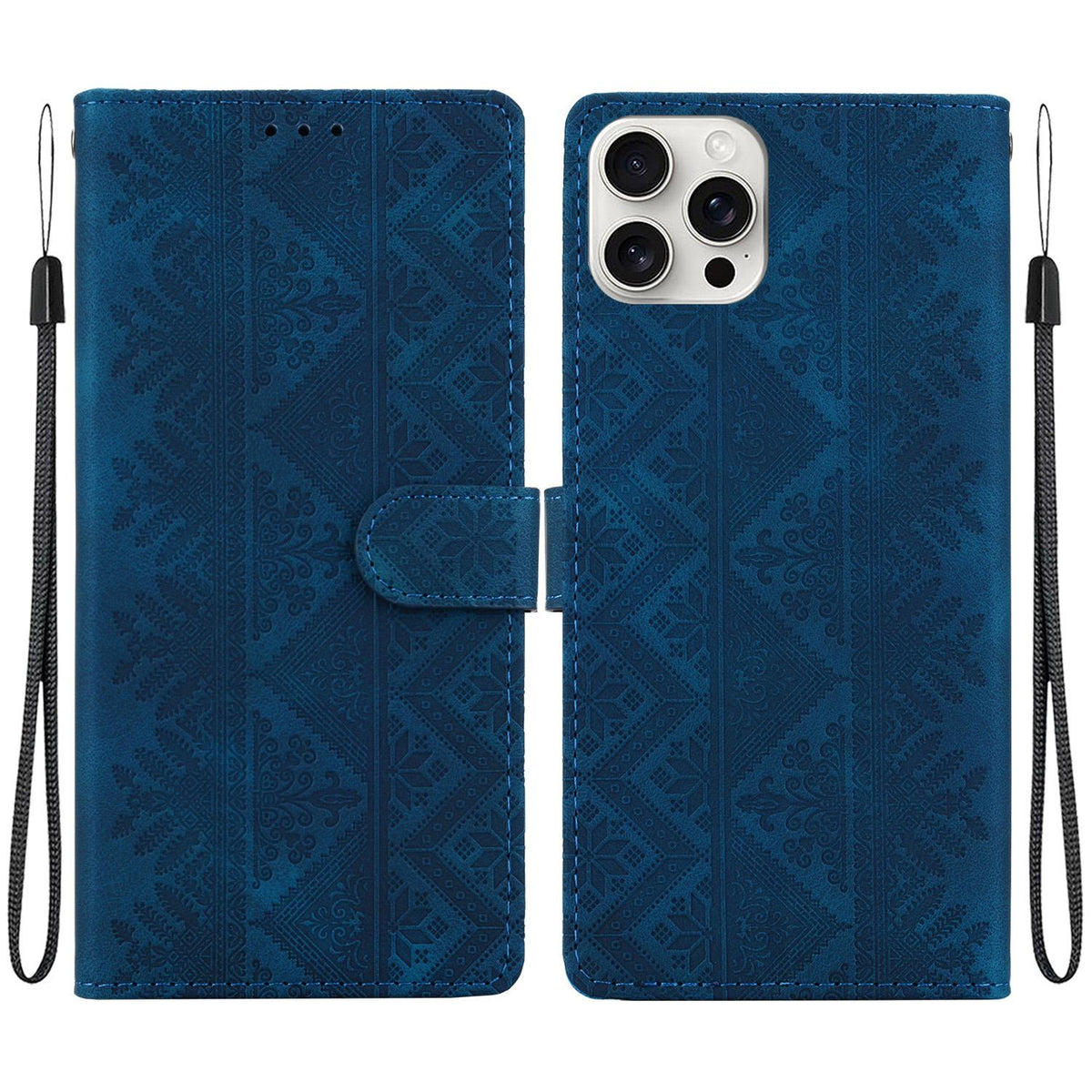 For iPhone 16 Pro Max Ethnic Pattern Embossed Vegan Leather Phone Case - Dark Blue - EDA009979006E