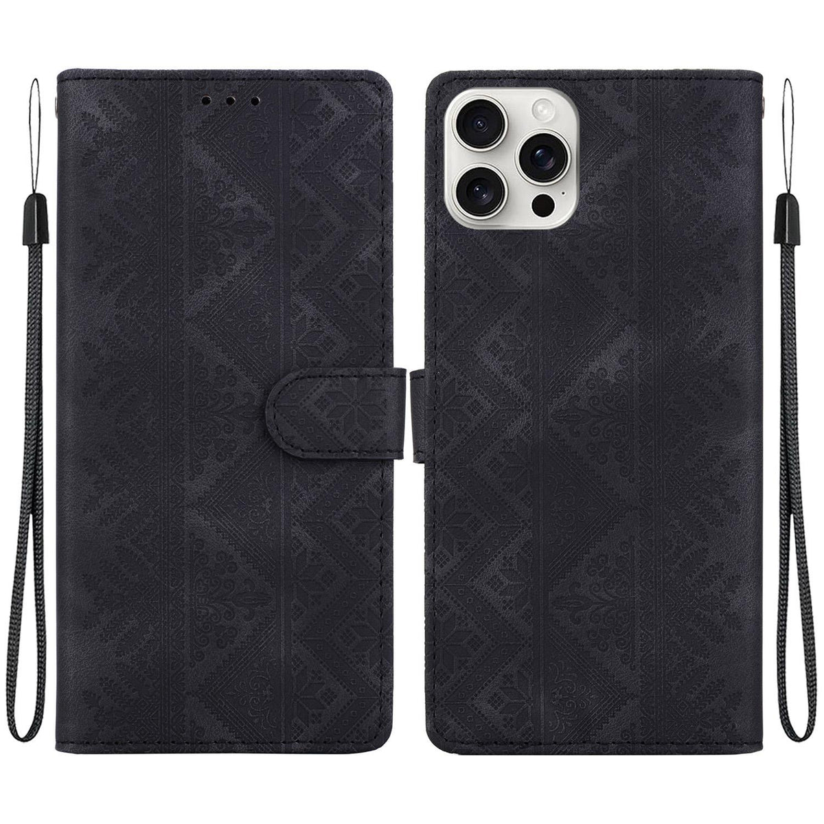 For iPhone 16 Pro Max Ethnic Pattern Embossed Vegan Leather Phone Case - Black - EDA009979006F