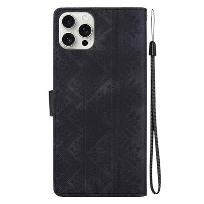 For iPhone 16 Pro Max Ethnic Pattern Embossed Vegan Leather Phone Case - Black - EDA009979006F