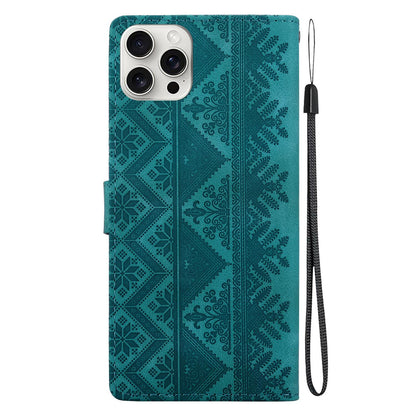 For iPhone 16 Pro Ethnic Pattern Embossed Vegan Leather Phone Case - Green - EDA009979007B