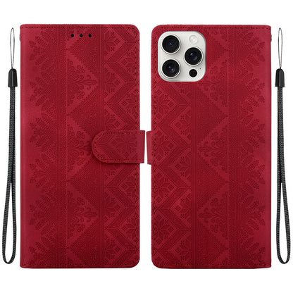 For iPhone 16 Pro Ethnic Pattern Embossed Vegan Leather Phone Case - Red - EDA009979007C