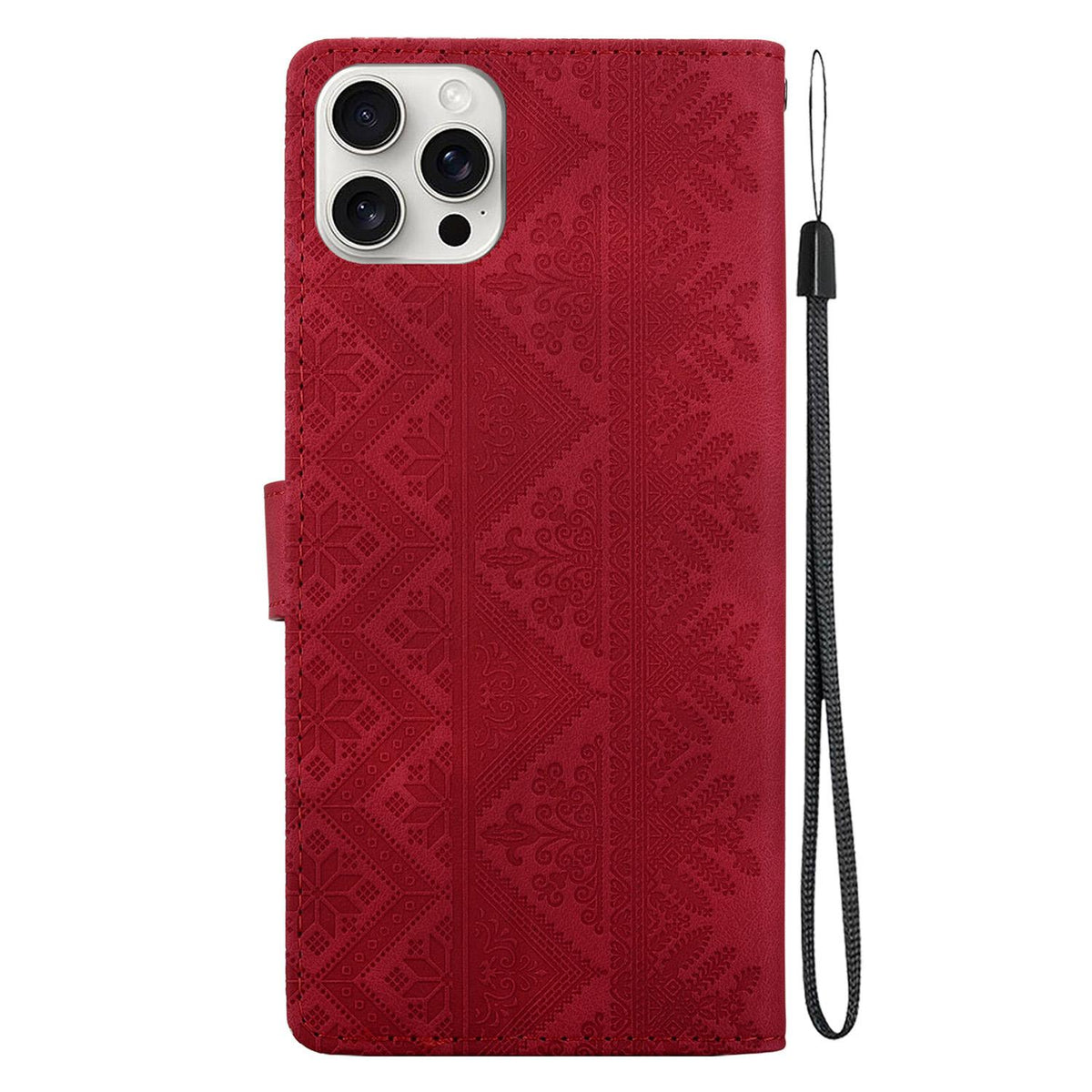 For iPhone 16 Pro Ethnic Pattern Embossed Vegan Leather Phone Case - Red - EDA009979007C