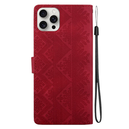 For iPhone 16 Pro Ethnic Pattern Embossed Vegan Leather Phone Case - Red - EDA009979007C