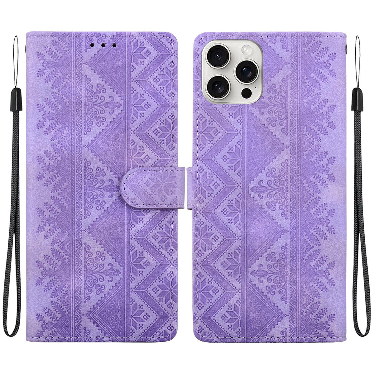 For iPhone 16 Pro Ethnic Pattern Embossed Vegan Leather Phone Case - Purple - EDA009979007D