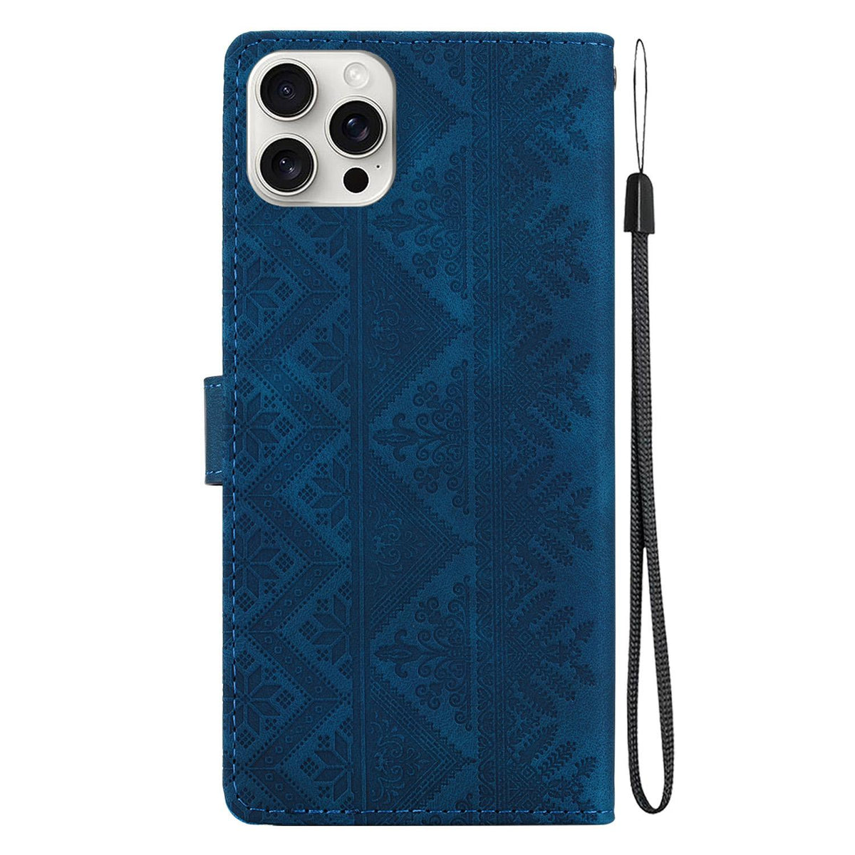 For iPhone 16 Pro Ethnic Pattern Embossed Vegan Leather Phone Case - Dark Blue - EDA009979007E
