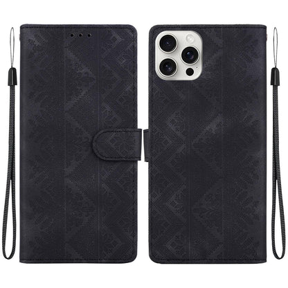 For iPhone 16 Pro Ethnic Pattern Embossed Vegan Leather Phone Case - Black - EDA009979007F