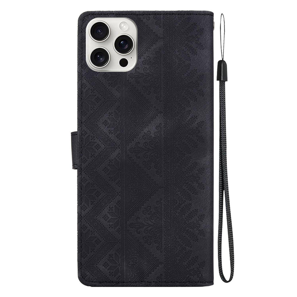 For iPhone 16 Pro Ethnic Pattern Embossed Vegan Leather Phone Case - Black - EDA009979007F
