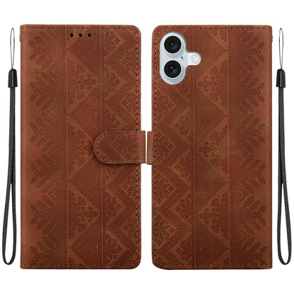 For iPhone 16 Plus Ethnic Pattern Embossed Vegan Leather Phone Case - Brown - EDA009979008A