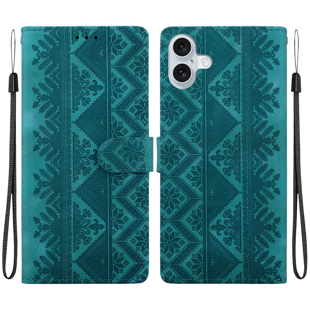 For iPhone 16 Plus Ethnic Pattern Embossed Vegan Leather Phone Case - Green - EDA009979008B