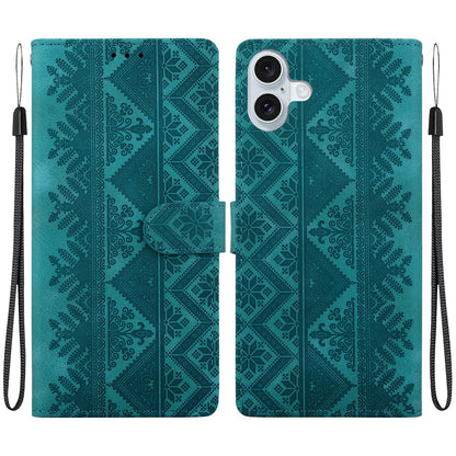 For iPhone 16 Plus Ethnic Pattern Embossed Vegan Leather Phone Case - Green - EDA009979008B