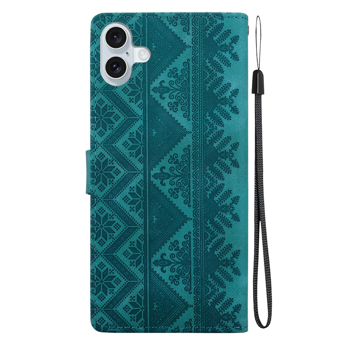 For iPhone 16 Plus Ethnic Pattern Embossed Vegan Leather Phone Case - Green - EDA009979008B