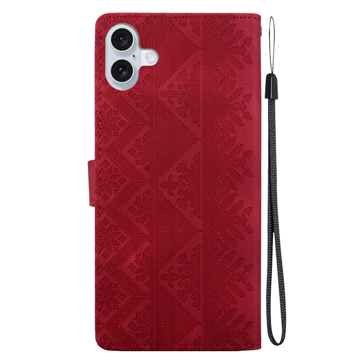 For iPhone 16 Plus Ethnic Pattern Embossed Vegan Leather Phone Case - Red - EDA009979008C