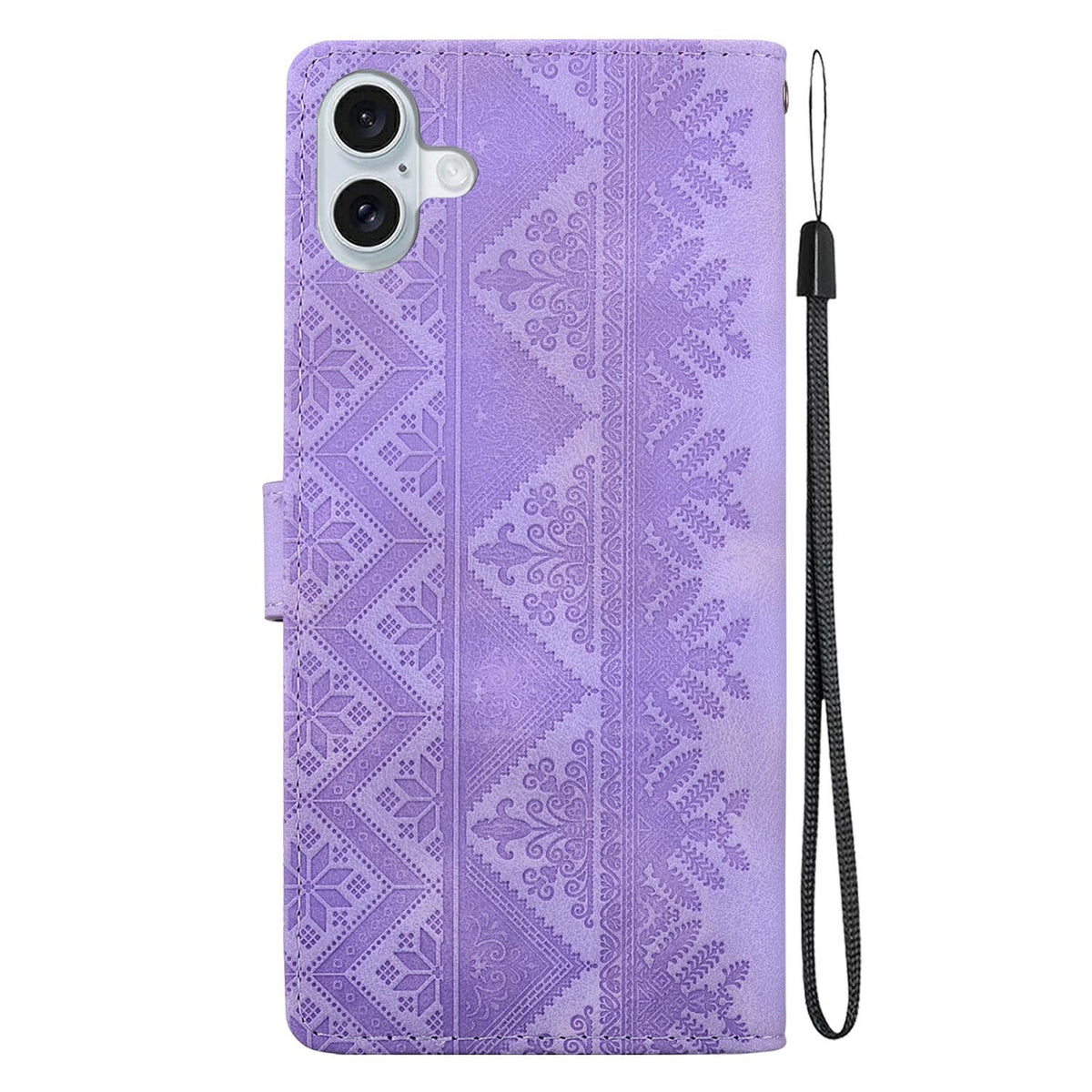 For iPhone 16 Plus Ethnic Pattern Embossed Vegan Leather Phone Case - Purple - EDA009979008D