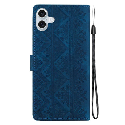 For iPhone 16 Plus Ethnic Pattern Embossed Vegan Leather Phone Case - Dark Blue - EDA009979008E