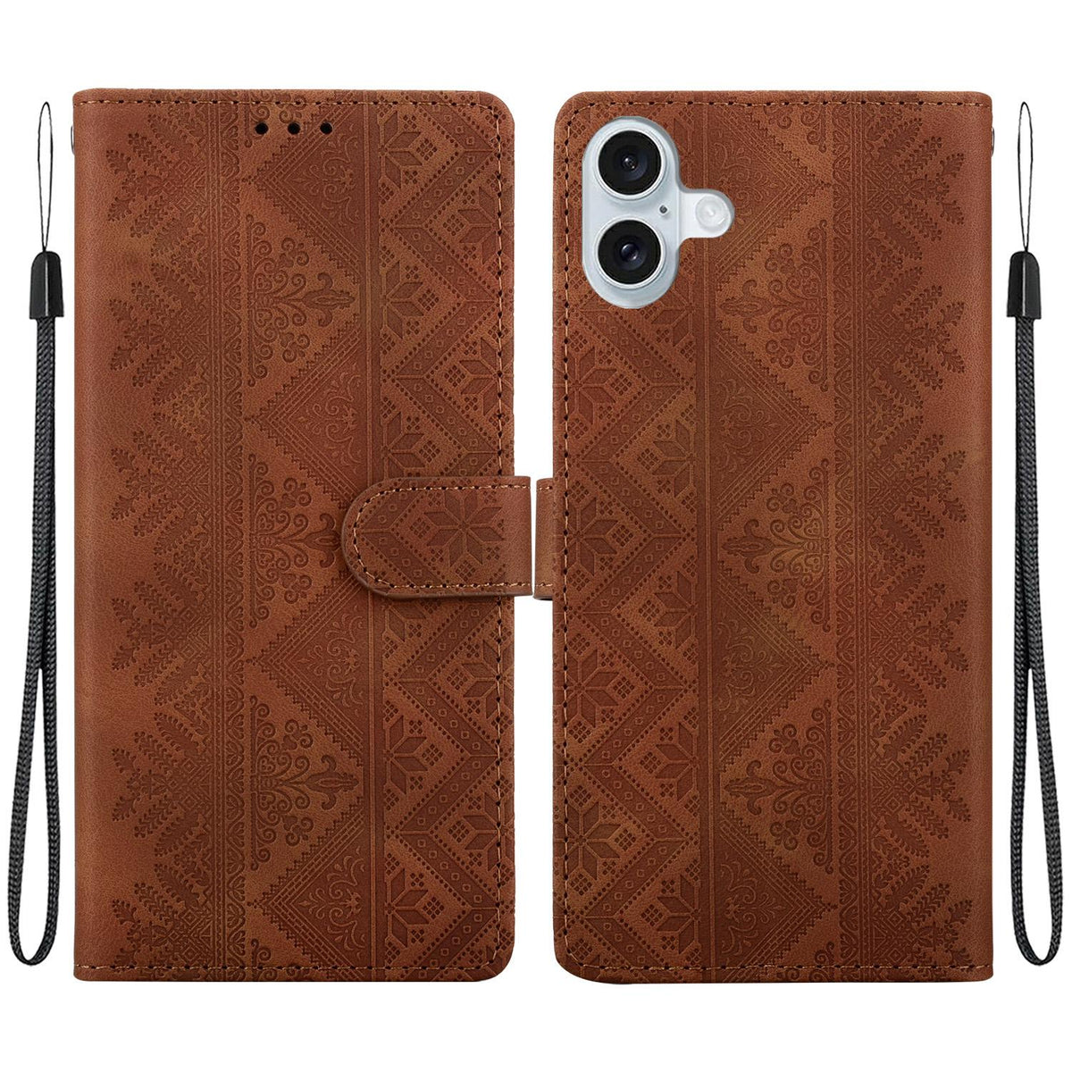 For iPhone 16 Ethnic Pattern Embossed Vegan Leather Phone Case - Brown - EDA009979009A
