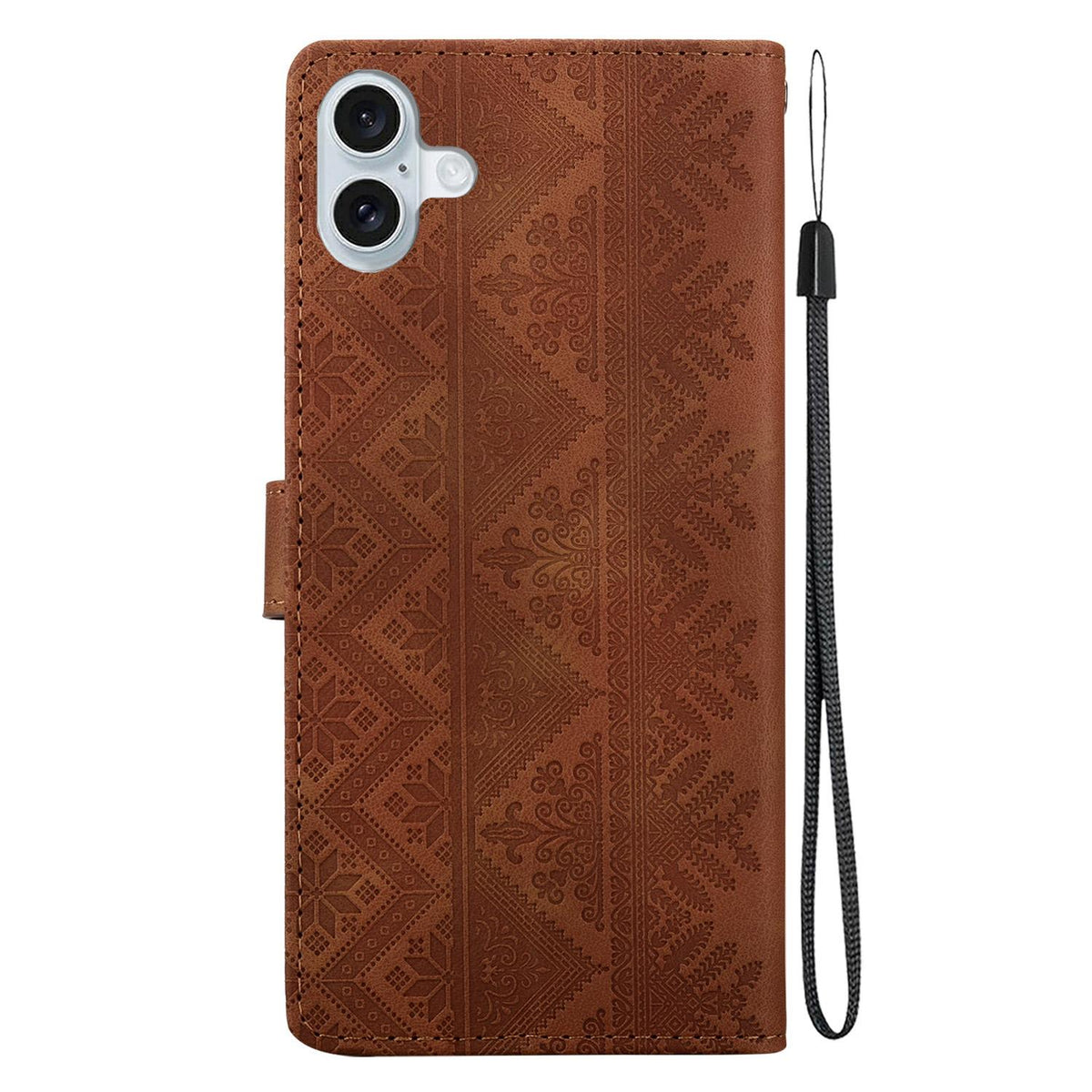 For iPhone 16 Ethnic Pattern Embossed Vegan Leather Phone Case - Brown - EDA009979009A