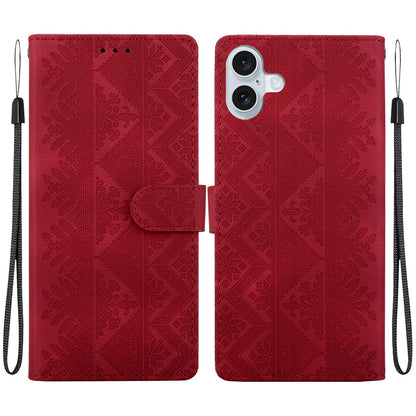 For iPhone 16 Ethnic Pattern Embossed Vegan Leather Phone Case - Red - EDA009979009C